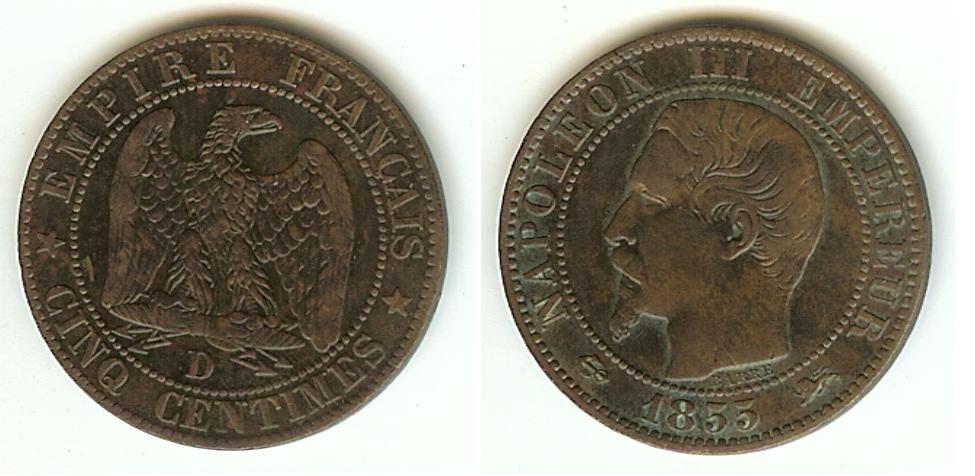 Cinq centimes Napoléon III, tête nue 1855 Lyon TTB-